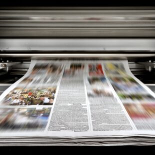 2026-09 - High-speed newspaper printing press producing daily news editions. Modern publishing machinery with motion blur, paper sheets and mass media production concept